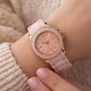 FMD Womens Rose Gold Pink Silicone Strap Watch Japan Movement Needs Battery